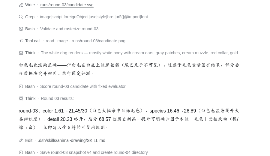 round-03 的毛色分明显上升后，dsh 立即修改绘画 Skill