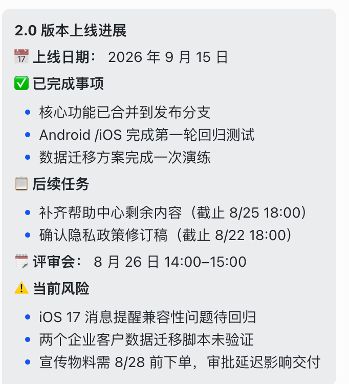 数字秘书发送 2.0 版本上线进展消息