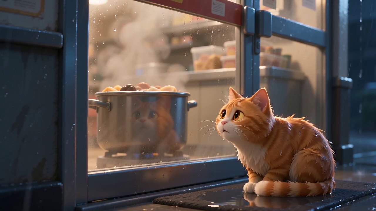分镜一「雨夜钩子」,冷蓝雨夜里的橘猫