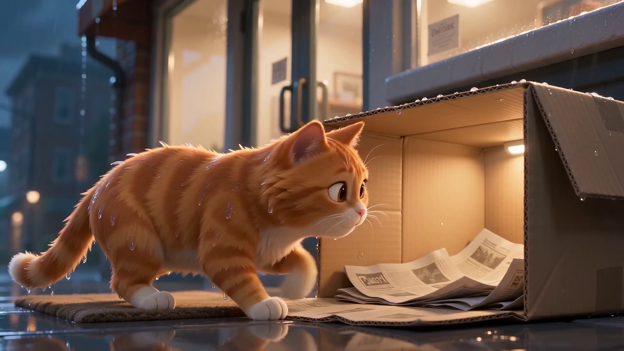 分镜五「猫入住小屋」,箱口透出暖光