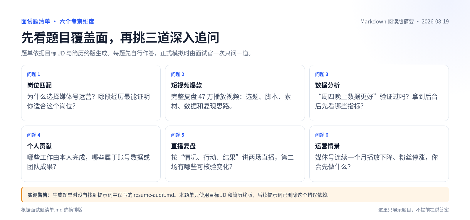 面试题清单展示六个考察维度并保留文件缺失警告
